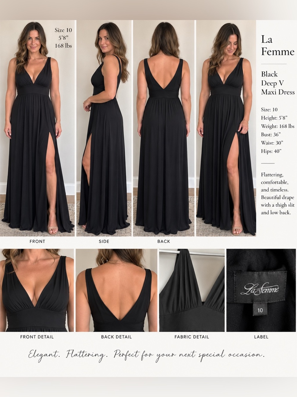 La Femme Black V-Neck Maxi Gown with Thigh Slit